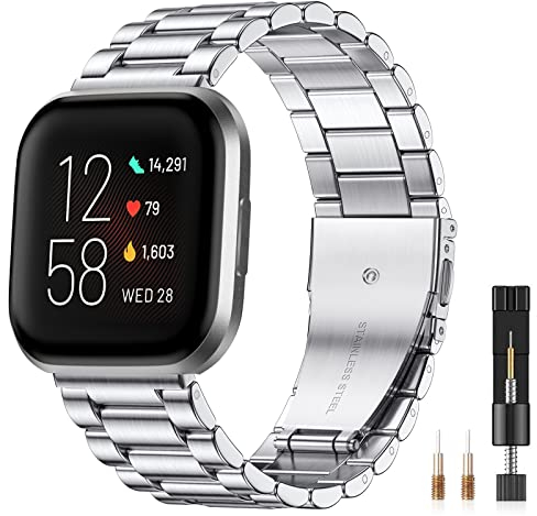 CeMiKa Metall Armband Kompatibel mit Fitbit Versa 2 Armband/Fitbit Versa Armband, Edelstahl Ersatzband mit Doppelfaltschließe für Versa 2 Armbänder/Versa Lite Smartwatch, Frauen Männer, Silber