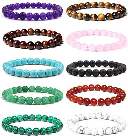 10Pièces Bracelet Pierre Naturelle Lithotherapie Bracelet Perle pour Femme Hommes Naturelle Améthyste Bracelet Quartz Rose Bead Elastique Bracelet Oeil de Tigre Perles Bracelet Pierre de Lave Bracelet