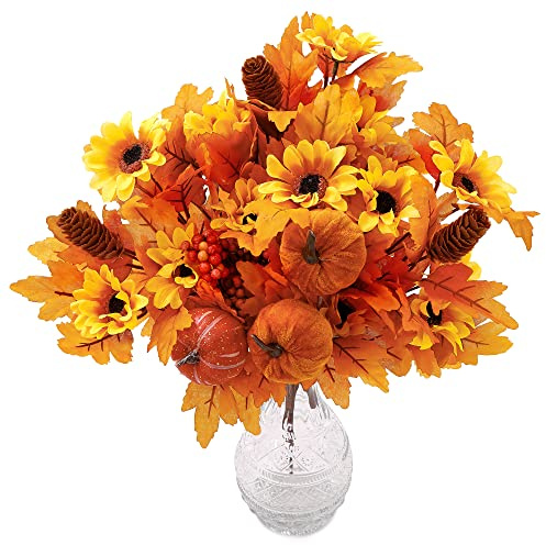 PARTY JOY 4 Stück Künstliche Kürbis-Zweige mit Ahornblättern, Beeren und Sonnenblumen, Künstliche Blumen, Herbstzweige für DIY-Dekoration