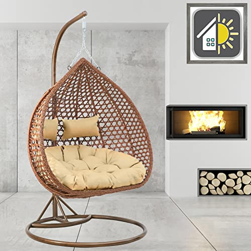GOODS EMPORIUM Luxury Hanging Rattan Double Egg Chair Indoor & Outdoor Garden Swing Chair Cocoon Relaxing Hammock with Cushions - RAIN COVER INCLUDED (Double, Brown - Brown - Beige)