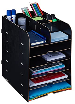 Relaxdays Schreibtisch Organizer mit Dokumentenablage, 12 Fächer, HBT: 34,5 x 25 x 32 cm, Büroorganizer MDF, schwarz
