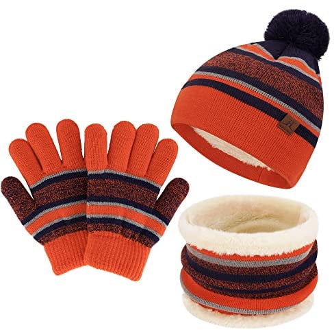 Bequemer Laden Winter Mütze Kinder Loop Schal Handschuhe Set Warm Bommelmütze Wintermütze Strickmütze Thermo Schlauchschal Winterhandschuhe Strickhandschuhe für 2-7 Jahre Jungen Mädchen, Orange