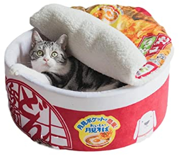 Breadom Cup Noodles Dogs Bed, Japanese Style Instant Ramen Bowl Cat Bubble Noodle Nest with Detachable Top Cover, Easy to Clean & Store, Gifts for Pets Lovers, Soft and Comfortable