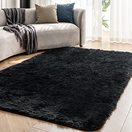 OMERAI Wohnzimmer für Teppich hochflor Shaggy Teppich antirutsch Schlafzimmer Teppich Teppiche Gegend (Schwarz,90x150cm)