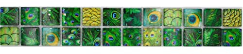 Mosaik Borde Bordüre Glasmosaik Tierwelt Pfau Dunkelgrün hellgrün gelb Wand Fliesenspiegel Küche Dusche