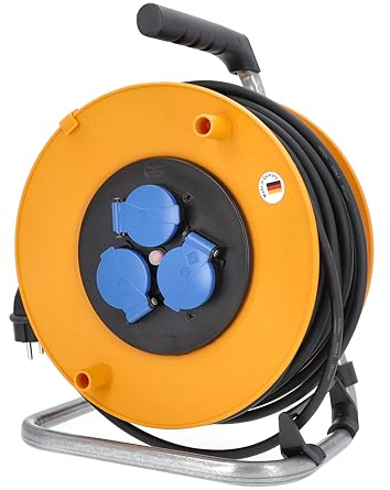 as - Schwabe Avvolgicavo 25 m, prolunga, 3 prese di corrente da incasso NF 230 V/16 A, con coperchio ribaltabile e spina a contatto di protezione, avvolgicavo 230 V/16 A, IP44, arancione, 811482