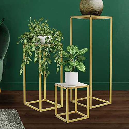 ML-Design Tabourets à Fleurs Set 3X, Métal Doré, 22x22x30 /26x26x60/30x30x90 cm, Colonnes Supports de Plantes, Porte-Fleur Empilable, Tabourets pour Pots, Décoration Meuble Salon Bureau