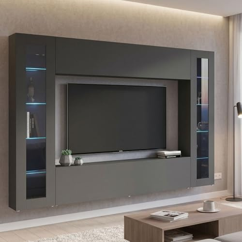 Dmora - Wohnzimmermöbel Giuliano, Wohnzimmer-Set TV-Möbel mit 4 Türen, Mehrzweck-Wohnzimmermöbel mit Vitrine und LED-Licht, 100% Made in Italy, cm 260x30h180, Anthrazit