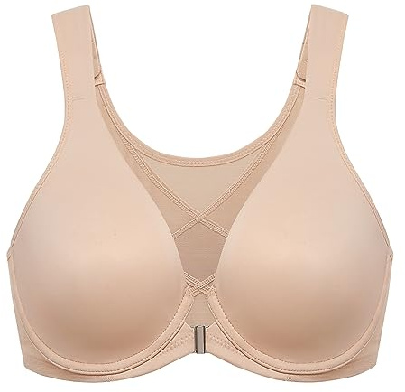 DELIMIRA Women's Front Closure Bras Posture Full Coverage Plus Size Underwire Unlined Back Support Plunge Seamless Bra B-H Cups Beige 38C