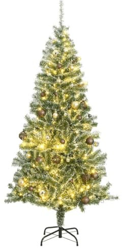 vidaXL Weihnachtsbaum, Beleuchtet Christbaum mit 300 LEDs Kugeln Ständer, Beschneit Tannenbaum Kunstbaum mit 8 Beleuchtungsmodi, Weihnachtsdeko Dekobaum, 210cm