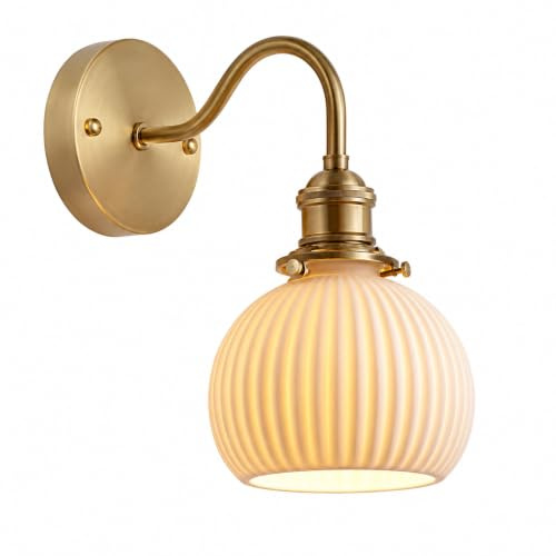 NICRX Weiße Keramik-Wandleuchte E27 Vintage Gold Wandlampe (B) | Gerippter lichtdurchlässiger Schirm, Kupferlegierung, fest verdrahtet für Schlafzimmer, Flur und Wohnzimmer