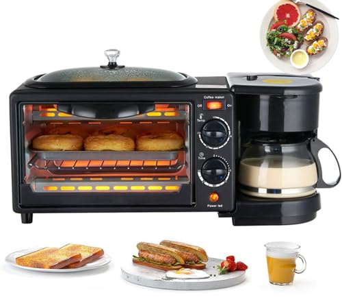 3-In-1 Breakfast Maker Station,Portable Oven Breakfast Maker With Coffee Machine,Non-Stick Pan,Versatile Breakfast Maker, Toaster Oven With 30-Min Timer,For Apartments Kitchenettes