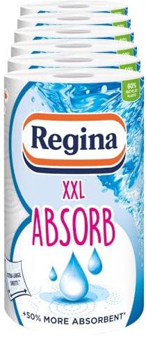 Regina XXL Absorb Kitchen Roll - 6 Rolls | 75 Extra Large Sheets per Roll |2 Layers for Increased Absorbency | for Extra Big Spills | FSC Certified Product
