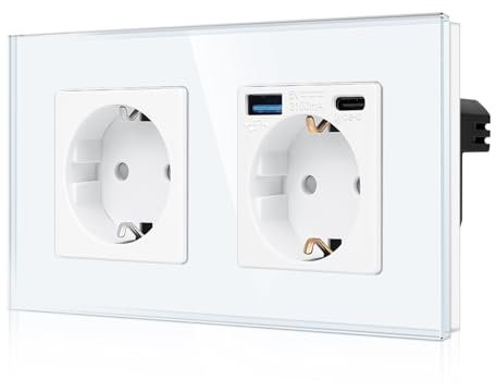 CNBINGO Doppelsteckdose mit 2× USB-Anschluss (20W Schnellladen) - 1× (Typ-C und USB-A) - Zweifach Glas Schuko Steckdose Unterputz - Weiß Wandsteckdose mit Kindersicherung