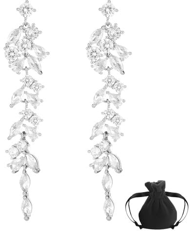 Riceel Lange Strass Ohrringe, Hochzeit Strass Ohrringe Silber Blatt Cz Tropfen Ohrringe Diamant Quaste Baumeln Tropfen Ohrringe mit einer schwarzen Samttasche für Frauen Und Mädche