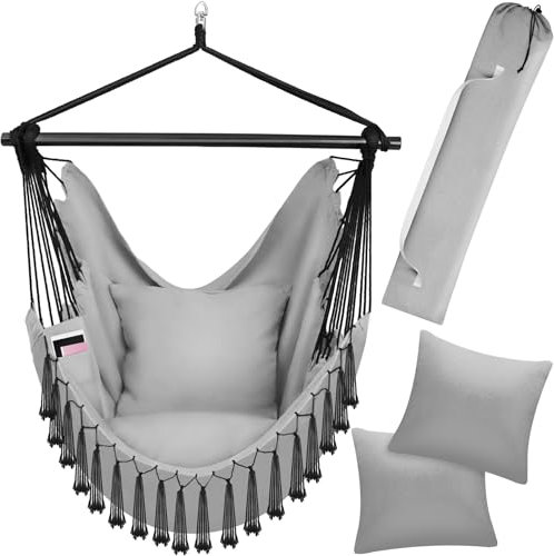 tectake® Silla Colgante Estilo Bohemio, Interior y Exterior, Cojines Extra Gruesos, Compartimento y Posavasos, Carga hasta150kg, Bolsa Transporte, Columpio Jardín, Hamaca, Sillón Balancín - Gris
