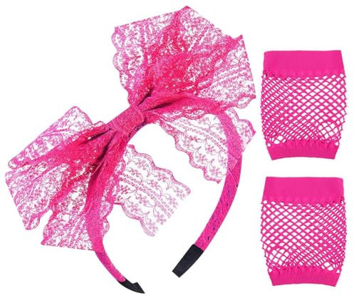 1 Bandeau À Nœud En Dentelle Avec 1 Paire De Gants En Maille, Accessoires Pour Cheveux Fluo Pour Filles, Bandeau Des Années 80, Joli Bandeau À Nœud, Adapté Pour Les Fêtes, Spectacles Sur Scène.