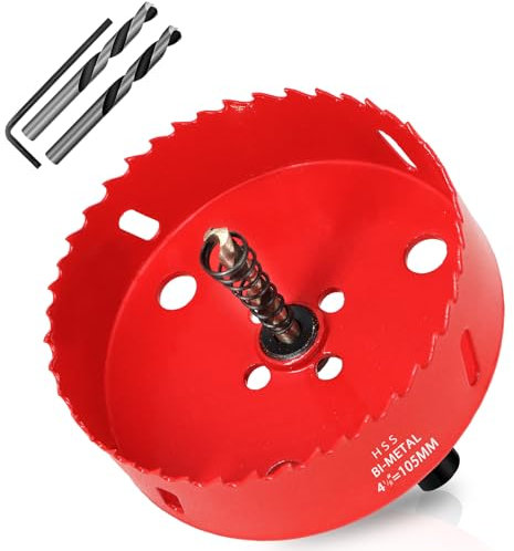 KACNON Scie Cloche Bi-métal 105 mm, M42 HSS Bimétallique Scie Trèpan, avec Adaptateur de Tige Triangulaire et Foret de Centrage, pour le Bois, Métal Mou, Plastique, Verre, Carrelage, Céramique