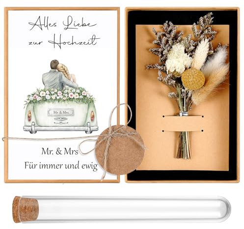 Hestya Hochzeit Geldgeschenk Set - Elegante Geschenkbox mit Trockenblumen, Reagenzglas zur Geldaufbewahrung & Hochzeitskarte, Geschenk für Brautpaare zur Hochzeit oder Silberhochzeit