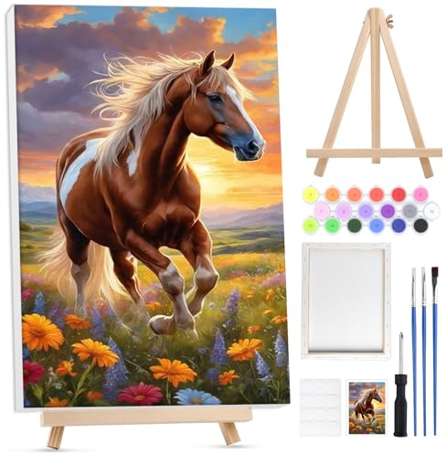 Lxmsja Cheval Peinture Numero Enfant Adulte avec Cadre, avec Chevalet en Bois, Peinture par Numero Adulte Animaux, Numéro d'art avec Pinceaux, Loisirs Créatifs Activité Manuelle Adultes, 20x30cm