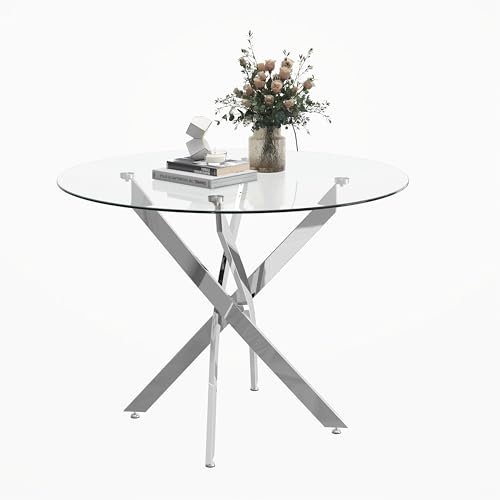 IMHKAM 80x80x75cm Glas Moderner Runder Esstisch Glastisch Küchentisch Runder Esszimmertische für Esszimmer Wohnzimmer Küche Silber