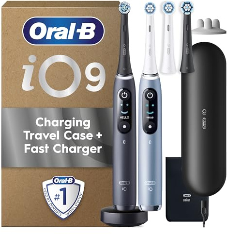 Oral-B iO Series 9 Electric Toothbrush Duo Pack, Black and Aqua Marine - 2 Rechargeable Toothbrushes with 4 Replacement Heads, Charging Travel Case, Charger and Accessories, UK Two Pin Plug