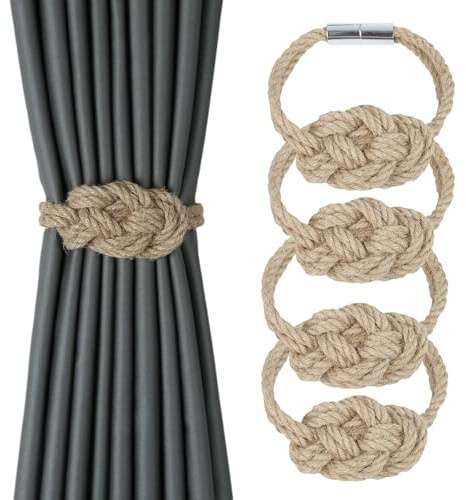 Lot de 4 embrasses de rideaux en jute naturelle avec aimants, embrasses décoratives de style rustique boho pour rideaux de maison et de bureau (jute)