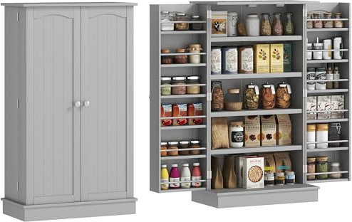 HOMCOM Küchenschrank Küchenbuffet Geschirrschrank modernes Aufbewahrungsmöbel mit Schränken, verstellbarem Regal und 12 Gewürzhaltern, Vorratskammer für Esszimmer, Wohnzimmer, 60 x 30 x 104 cm, grau