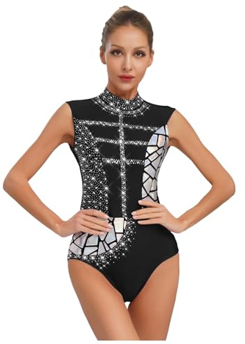 MSemis Damen Ballettanzug Ärmellos Gymnastik Tanz Trikot Metallic Pailletten Gymnastik Turnanzug Einteiler Overall Clubwear
