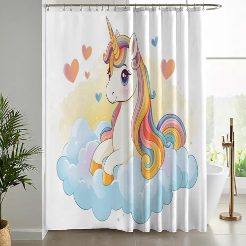 NAWVNMI Rideau Douche Blanc, Rideau de Douche Anti Moisissure 240 x 200 cm (l x H) Arc-en-Ciel Licorne Nuages Cœur Lavable Imperméable Polyester Rideaux Salle de Bain avec 12 Crochets