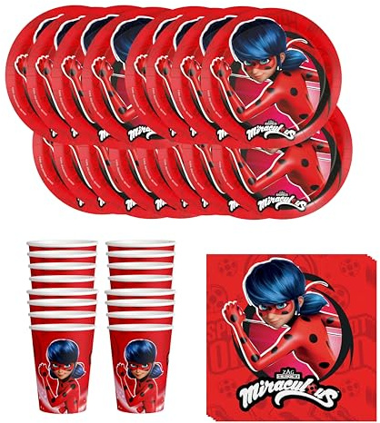 Anila's Party Set Miraculous Ladybug, 52-Piece Set, Plates, Cups, Napkins, Disposable Tableware, Tableware Set.