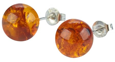 ELEGAMBER Handmade S925 sterling silver inlaid with genuine Baltic amber earrings, simple and classic design, natural energy stone, wooden gift box (amber-ball)