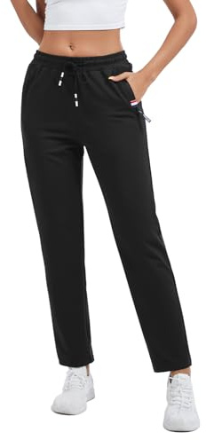 Pantalons de Sport Femme Jogging Coton Elastique Pantalon de Survêtement pour Fitness Sport Yoga Training Running, Sweatpants Ladies Joggers avec 2 Poches Zippées (Noir, L)