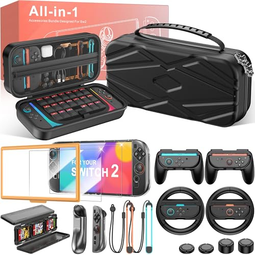 HELLCOOL 16 in 1 Switch 2 Case Kit for Nintendo Switch 2025, Carry Case with Screen Protector ,Wrist Strap,Protective Cover,Steering Wheel,Game Card Slots & Switch 2 Accessory Storage