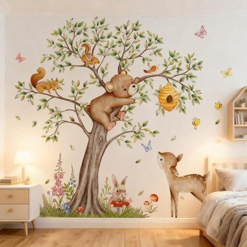 Luckwaii Wandtattoo Dschungel Waldtiere Baum Selbstklebend Kinderzimmer | Wandaufkleber Safari Bär Hirsche Fuchs Wall Stickers Wandposter Deko Wanddeko Wandsticker für Baby- & Kleinkinderzimmer