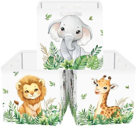 HUUMONSS 11.8 Forest Animals Storage Cube Organizer Set 3Pcs Clothes Storage Basket Bin for Home Lion Giraffe Elephant Kid Book Toy Chest, Green Plant