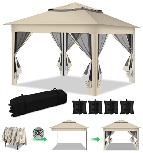 Monucep Gartenpavillon 3x3m Wasserdicht UV-beständig, Pavillon mit 4 Seitenteilen, Höhenverstellbar, Stabil Partyzelt mit Sandsäcken & Tragetasche mit Rädern für Garten Party Camping, Beige