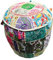 Indischer Sitzhocker Mudha orientalisches Baumwoll-Patchwork auf Rattankorb