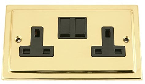 Socket 2 Gang - Victorian Polished Brass - Black Insert Plastic Switch - 13A Double Wall Plug Socket