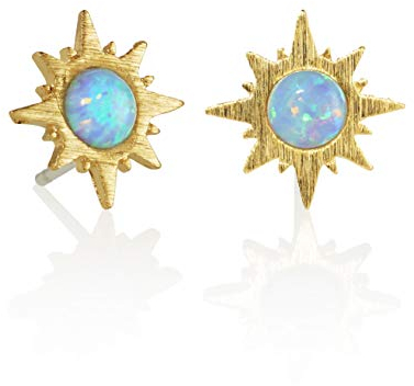 NAMANA Ohrstecker mit Sonnenschein Opal, gebürstetes Finish, 14 Karat vergoldete Sonnen Ohrringe, nickelfrei und bleifrei kleine Ohrstecker