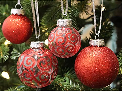 SLEETLY 32pk Christmas Baubles for Tree Holiday Xmas Decorations, Shatterproof Plastic Inch Glitter Bauble Ornaments, Icicles and Snowflakes Set, Red (DEFECTIVE UNITS)