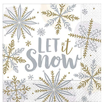 Amscan 512174 - Servietten Shining Snow, Größe 33 x 33 cm, 16 Stück, Let it Snow, Schneeflocken, Tischdekoration, Mundtuch, Heilig Abend, Weihnachten, Adventszeit