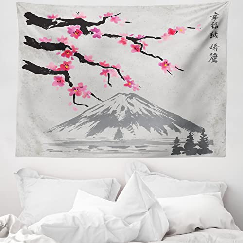 ABAKUHAUS japanisch Wandteppich, Fujiyama Kirschblüten aus Weiches Mikrofaser Stoff Waschbar ohne Verblassen Digitaldruck, 150 x 110 cm, Grau Schwarz und Rosa