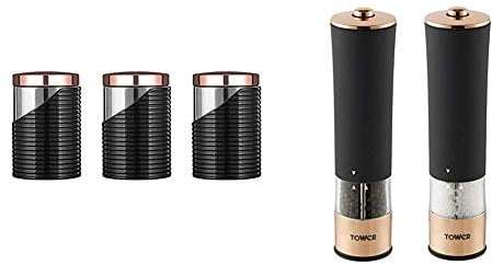 Tower Linear Set of 3 Storage Canisters, Stainless Steel, Black and Rose Gold & Electric Salt and Pepper Mill, Stainless Steel, Soft-Touch Body, Rose Gold and Black