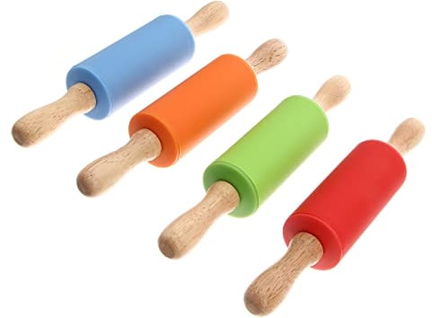 STOBOK Nudelholz Kinder Nudelholz Spielzeug Silikon Mini Teig Werkzeuge Ultra Bunte Lernspielzeug Holzgriff für Kinder Backen Küche Restaurant 4pcs Teigroller Silikon