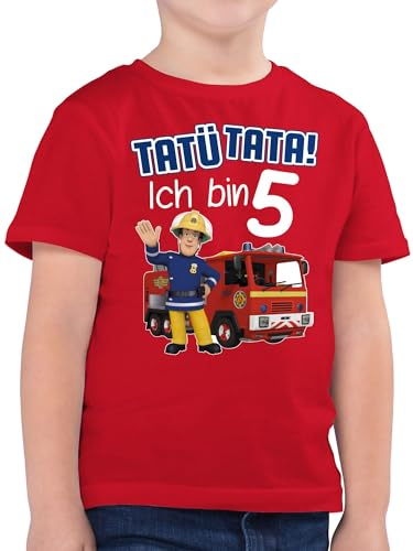 Kinder T-Shirt Jungen - Feuerwehrmann Sam - Tatü Tata! Ich Bin 5 - blau - 128 (7/8 Jahre) - Rot - Tshirt Junge Feuerwehr feuwermansam tata t-Shirts geburtstagsshirt geuerwehrmann tatütata thisirt