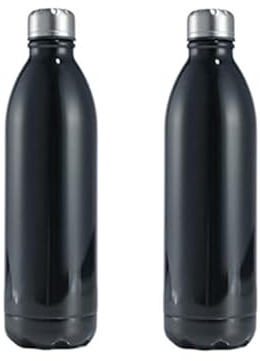 2 Confezioni Bottiglia da 1 l isolata in acciaio inox, elegante bottiglia isolata, mantiene calda e fredda, coperchi 100% a prova di perdite (nero, 1 L)