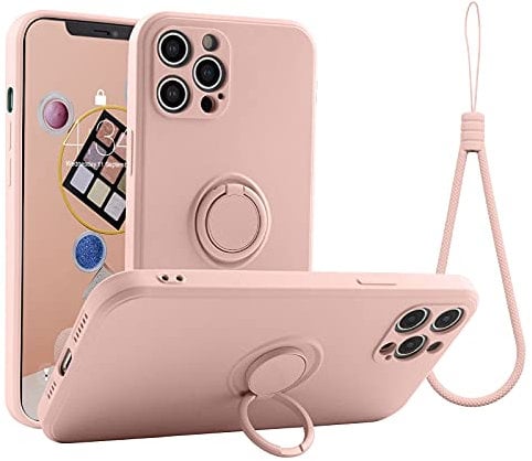abitku Compatible with iPhone 12 Pro Case, Silicone with 360°Ring Kickstand Holder (Support Magnetic Car Mount) Soft Silk Microfiber Cloth Designed for iPhone 12 Pro 6.1 inch 2020 (Pink)