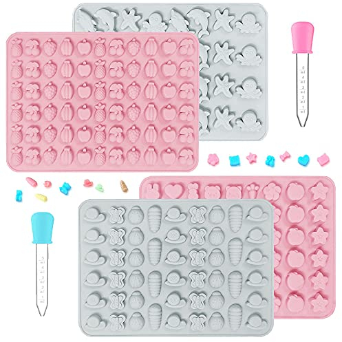 4 piezas Moldes de Gominolas con 2 Goteros, CNYMANY 206 Cavidades Silicona Animal Fruta Molde de Caramelo Chocolate Molde de Gelatina Antiadherente Moldes de Cocina Cubiteras - Rosa, Gris