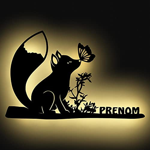Namofactur Lampe Led Murale En Bois Gravé - Veilleuse Déco Renard Avec Prénom Personnalisé Pour Garçons Et Filles - Idée De Cadeau Pour Anniversaires, Baptêmes, Naissance - Couleur Au Choix
